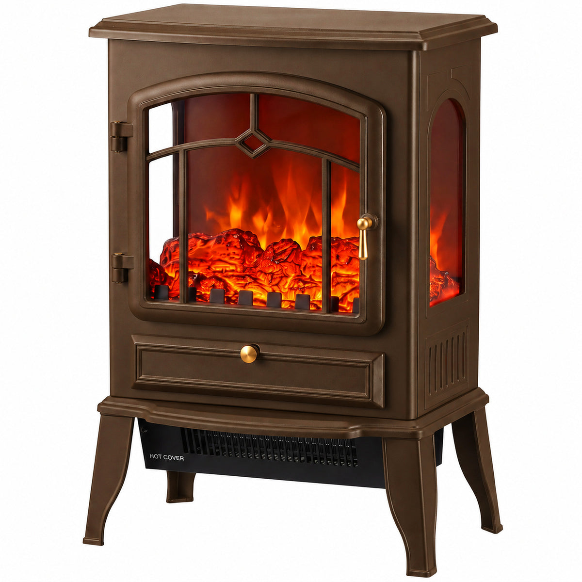 Electric Fireplace Stove With Realisric Log Flame Effect | Brown