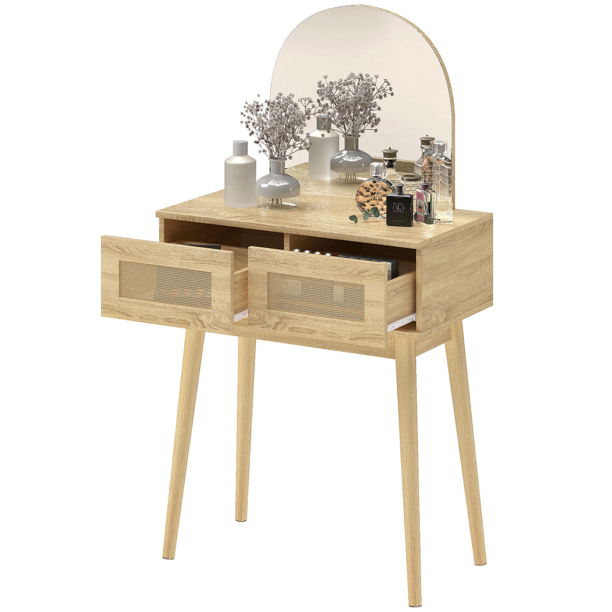 HOMCOM Dressing Table, Vanity Desk W/ Mirror, 2 Drawers, Natural Wood Finish