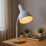 White Led Desk Lamp With Flexible Arm – Iron & Wood Base, Compact Minimalist Design