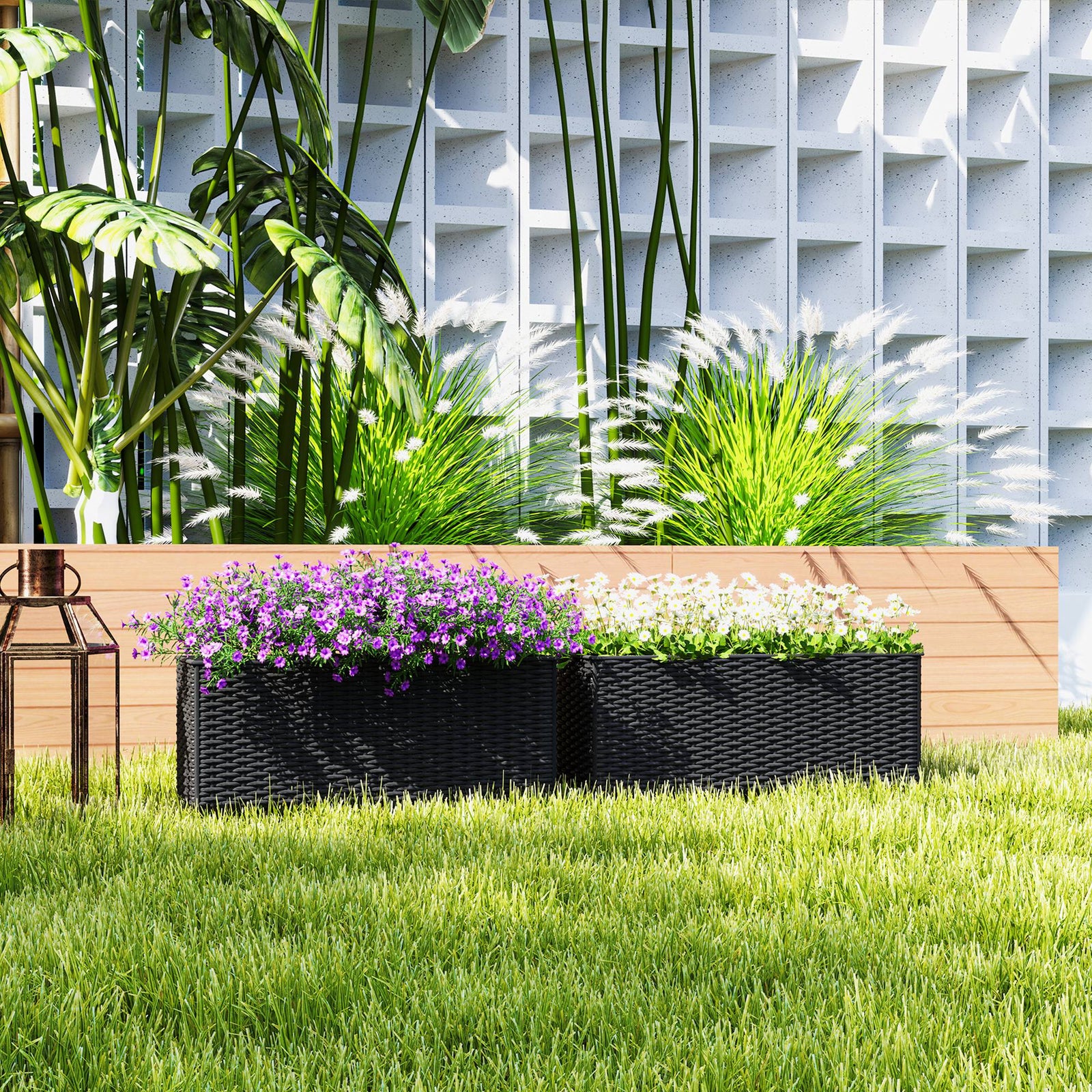 Set Of 2 Hanging Flower Boxes, 50 Cm Long, Rattan Look | Black
