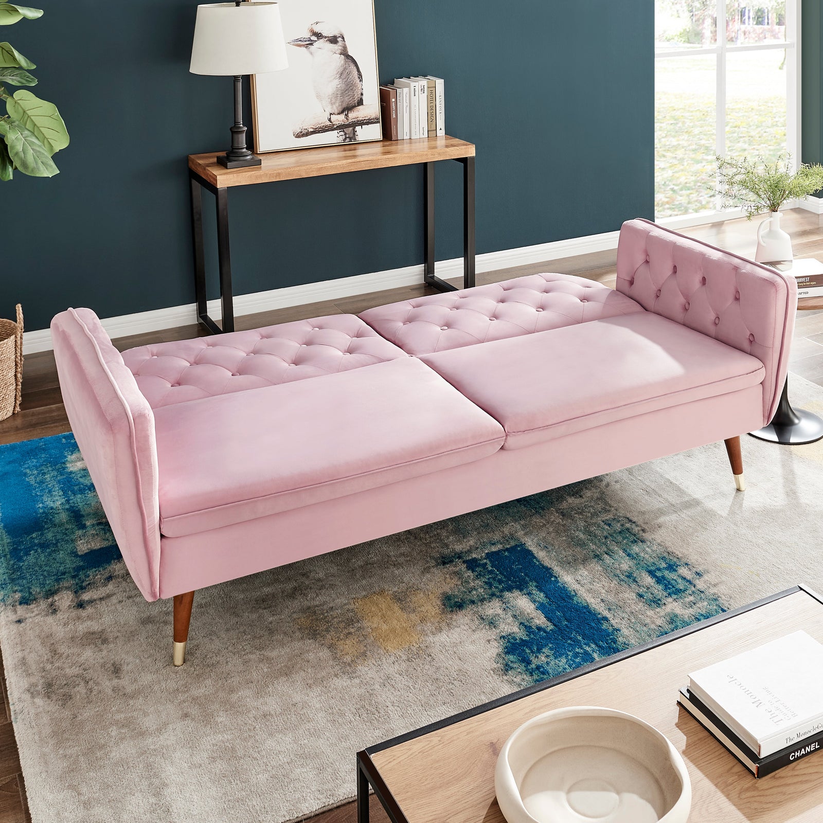 Velvet Click Clack Button Back Sofa Bed - 3 Seater | Pink