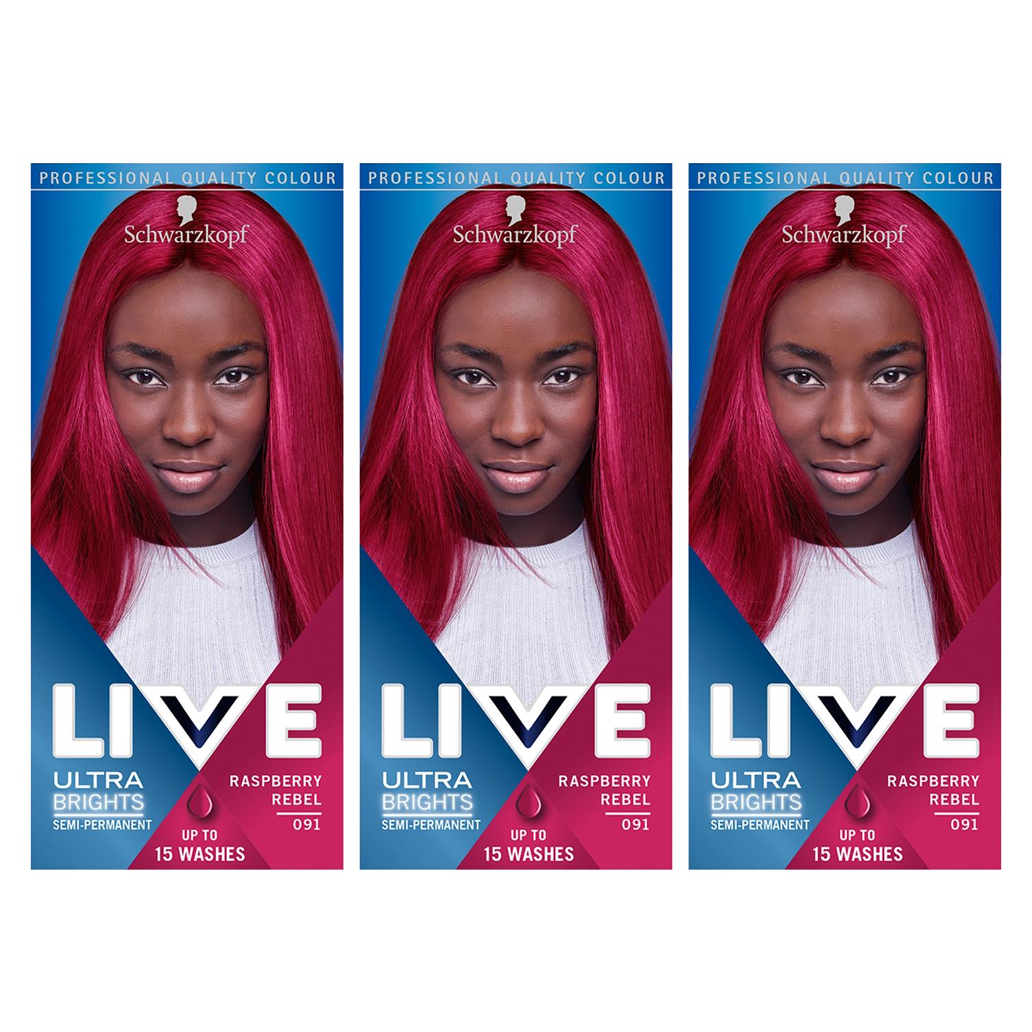 Live 2in1 Ultra Bright Semi Permanent Hair Dye,091 Raspberry Rebel 3x