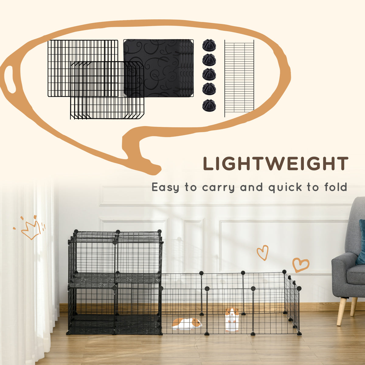 PawHut Pet Playpen With Door, Guinea Pigs Mesh Cage For Small Animal, Black