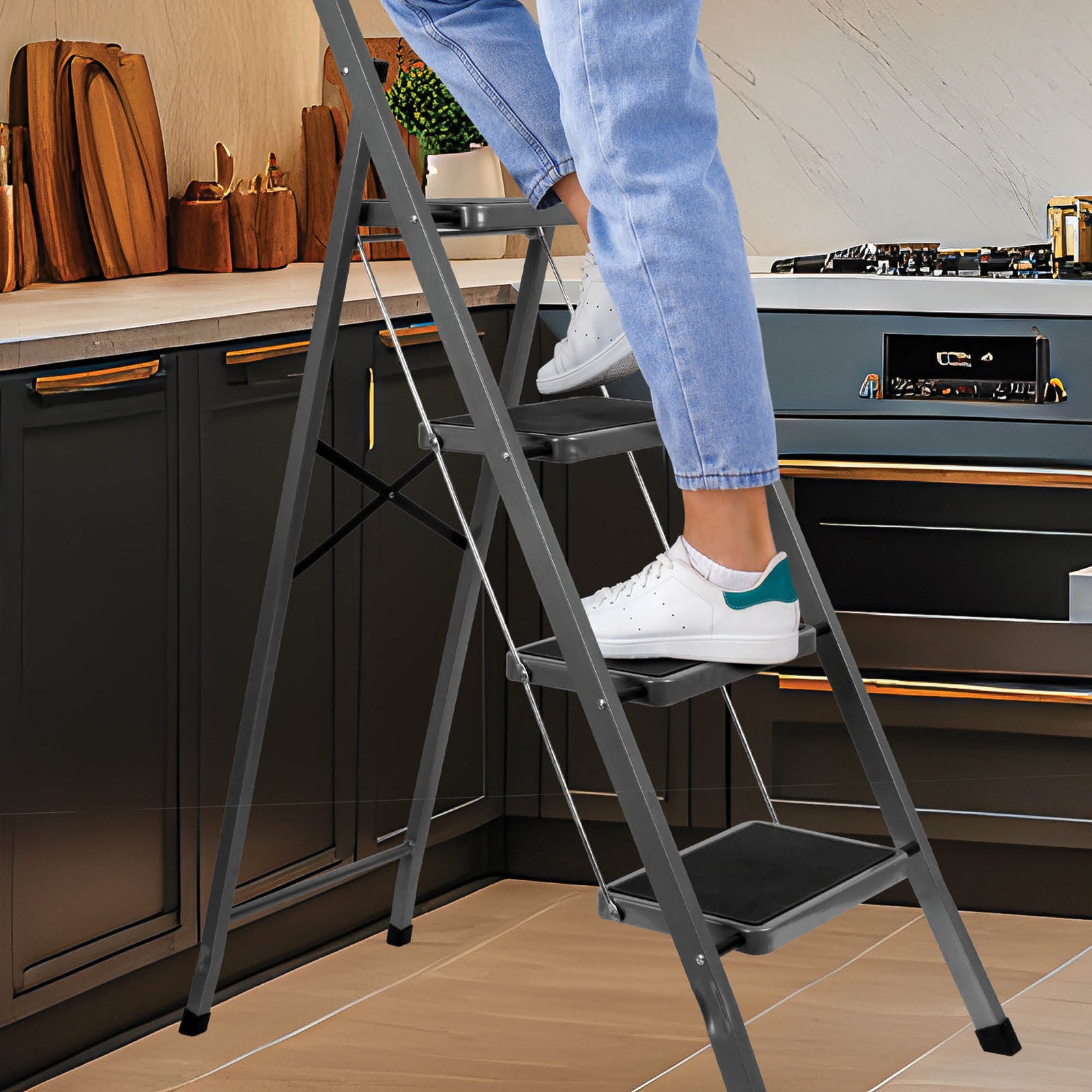 4 Step Ladder Heavy-duty Steel Folding Step Stool 150kg Capacity | Grey