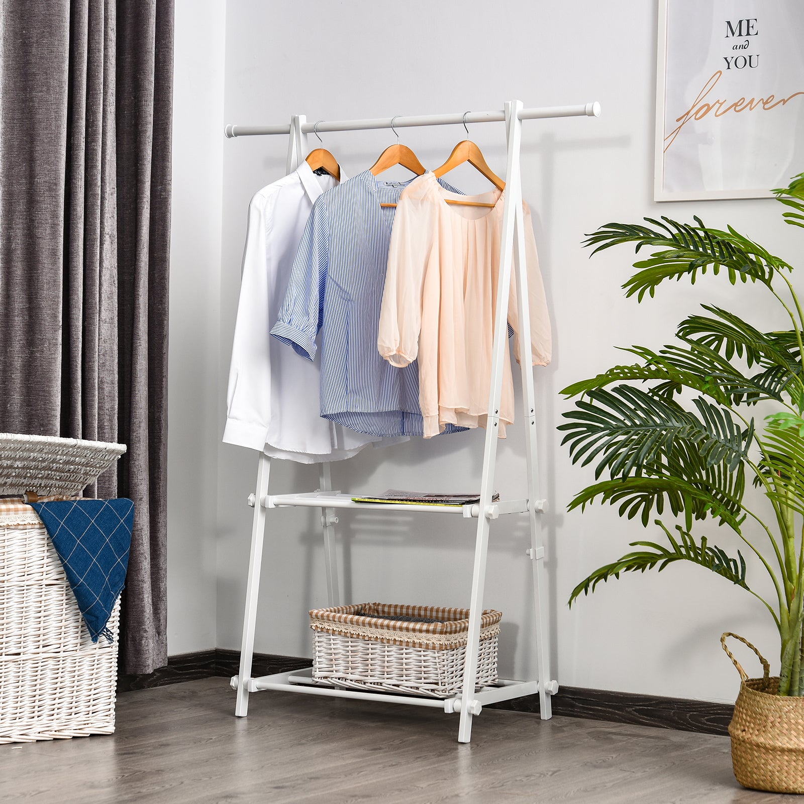 Freestanding Steel Clothes Hanger 2 Shelves Open Wardrobe