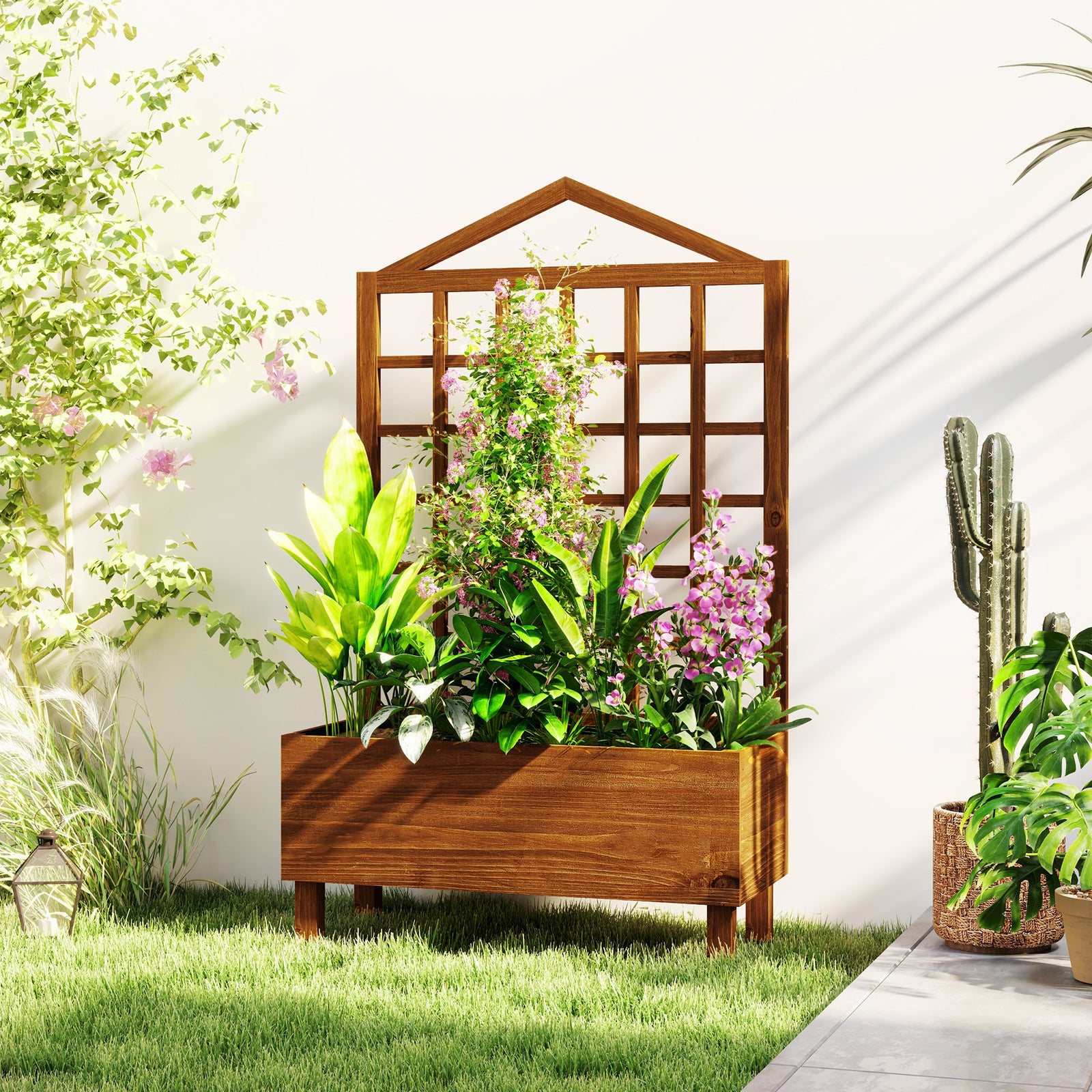 Wooden Planters With Trellis For Vine Climbing