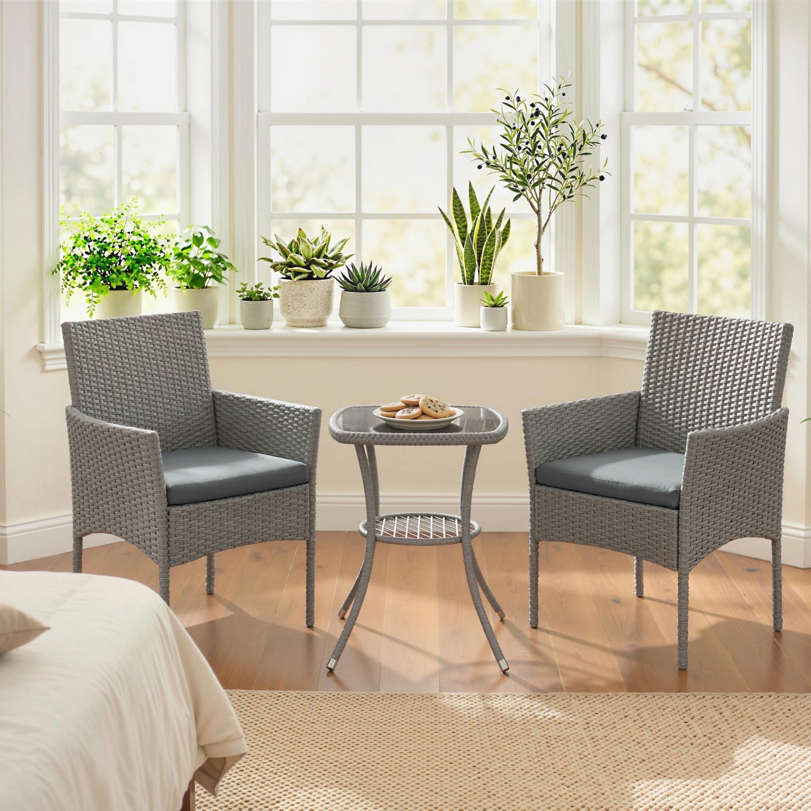 3 Piece Rattan Bistro Set With 2 Tier Glass-top Table, Chairs | Grey