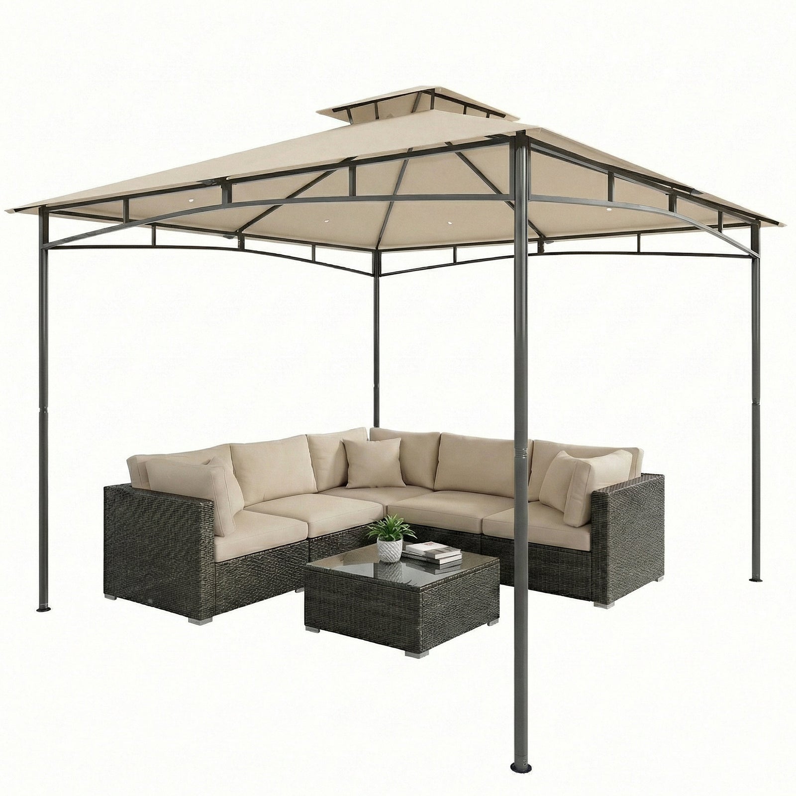  3 X 3 M Gazebo, Outdoor Gazebo Canopy With 2-tier Roof | Khaki