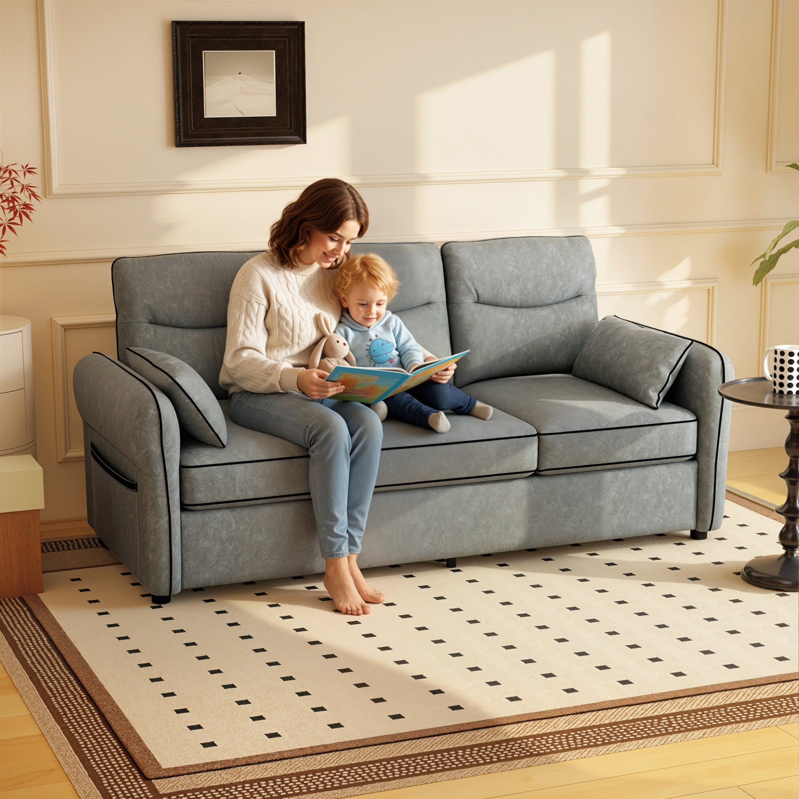 Modern Seater Sofa With Thick Cushion Side Pockets | L | Grey