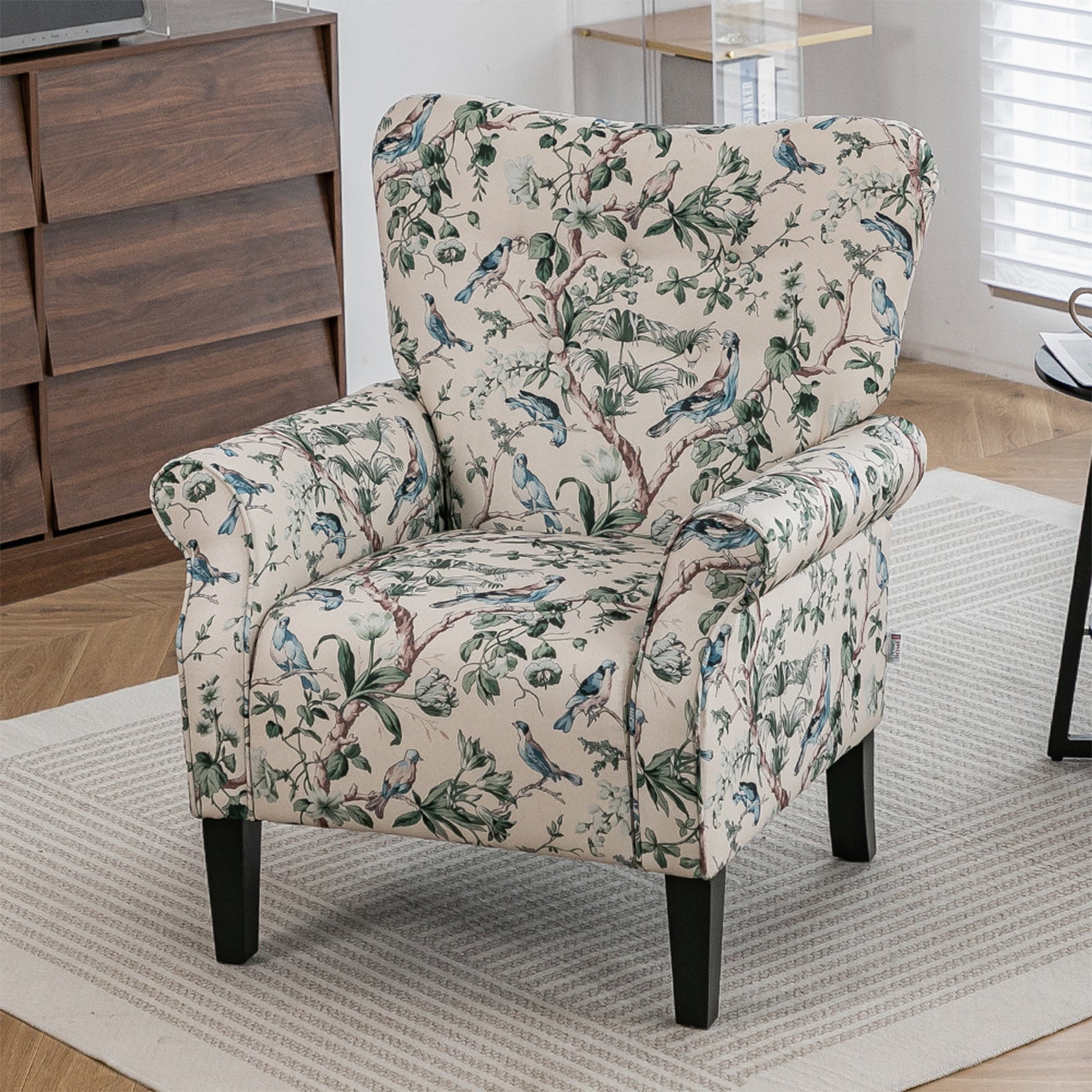 Breeins Pastoral Linen Upholstered Armchair With Wooden Legs