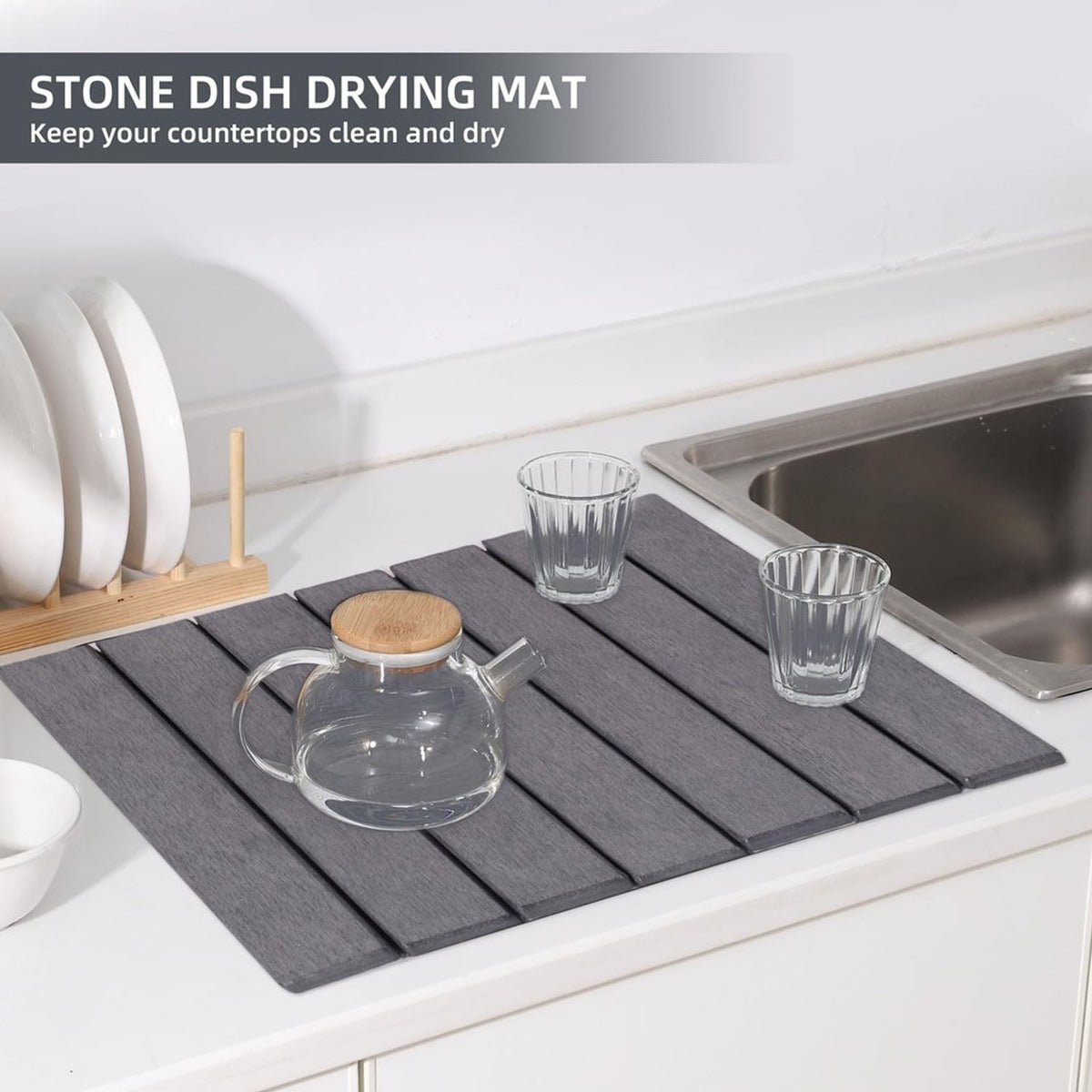 Stone Dish Drying Mat 60cm – Foldable Non-slip Diatomite Kitchen Drainer 40x30cm | Grey