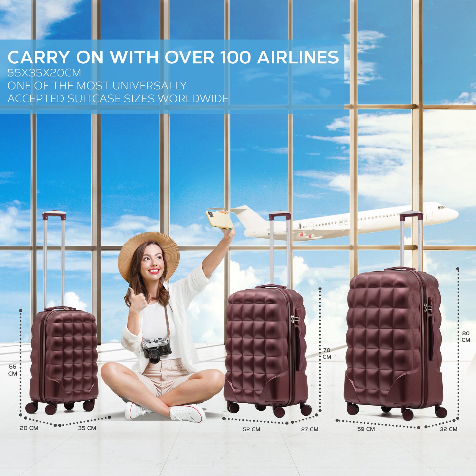 Set Of 3 Hard Case Bubble Design Check-in Size Suitcases Hold Luggage - Overhead Cabin Bag With Medium & Large Check-in 20kg+ Hold Suitcase | Set-of-3 | Burgundy