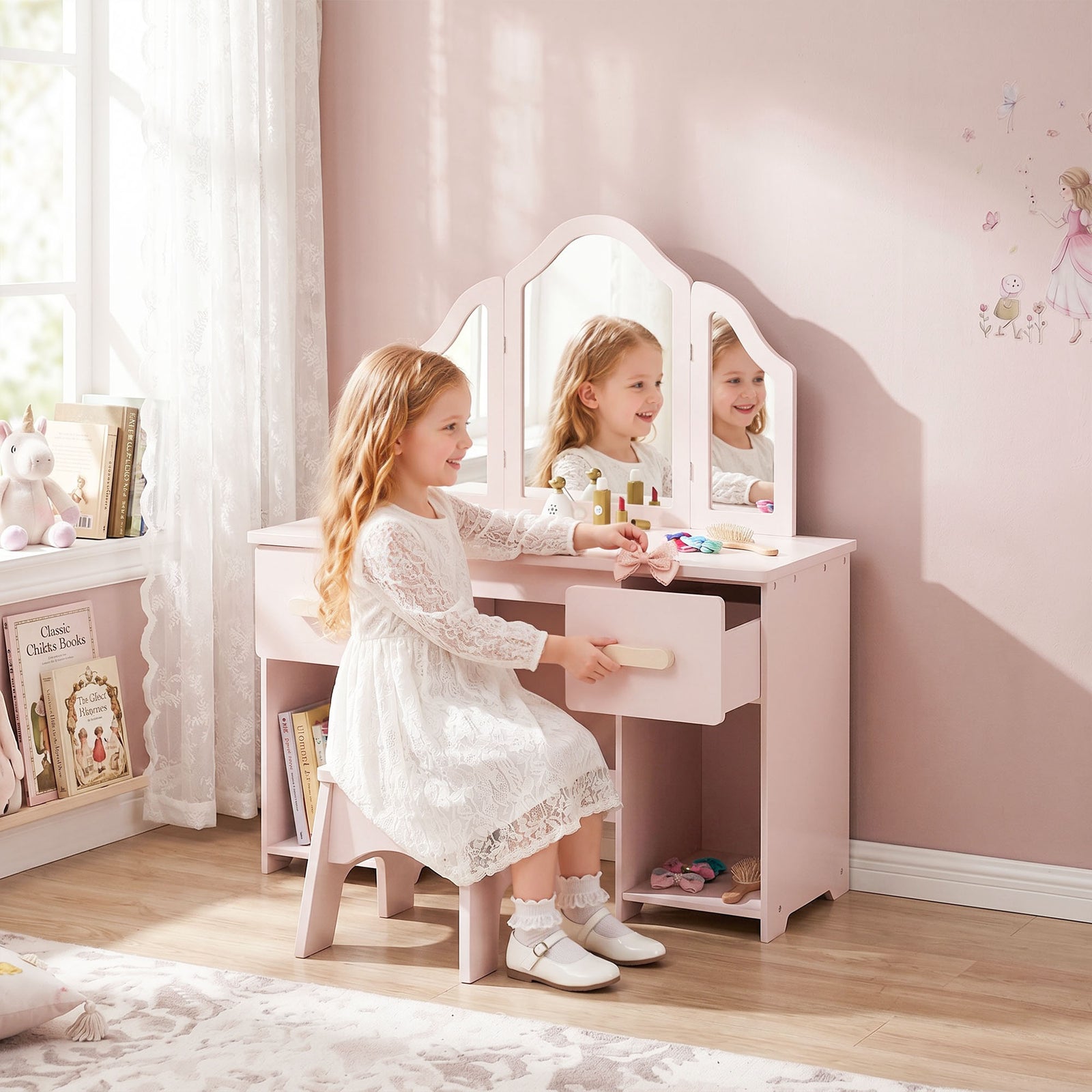 AIYAPLAY Kids Vanity Table And Chair Set With Tri-folding Mirror For 3+