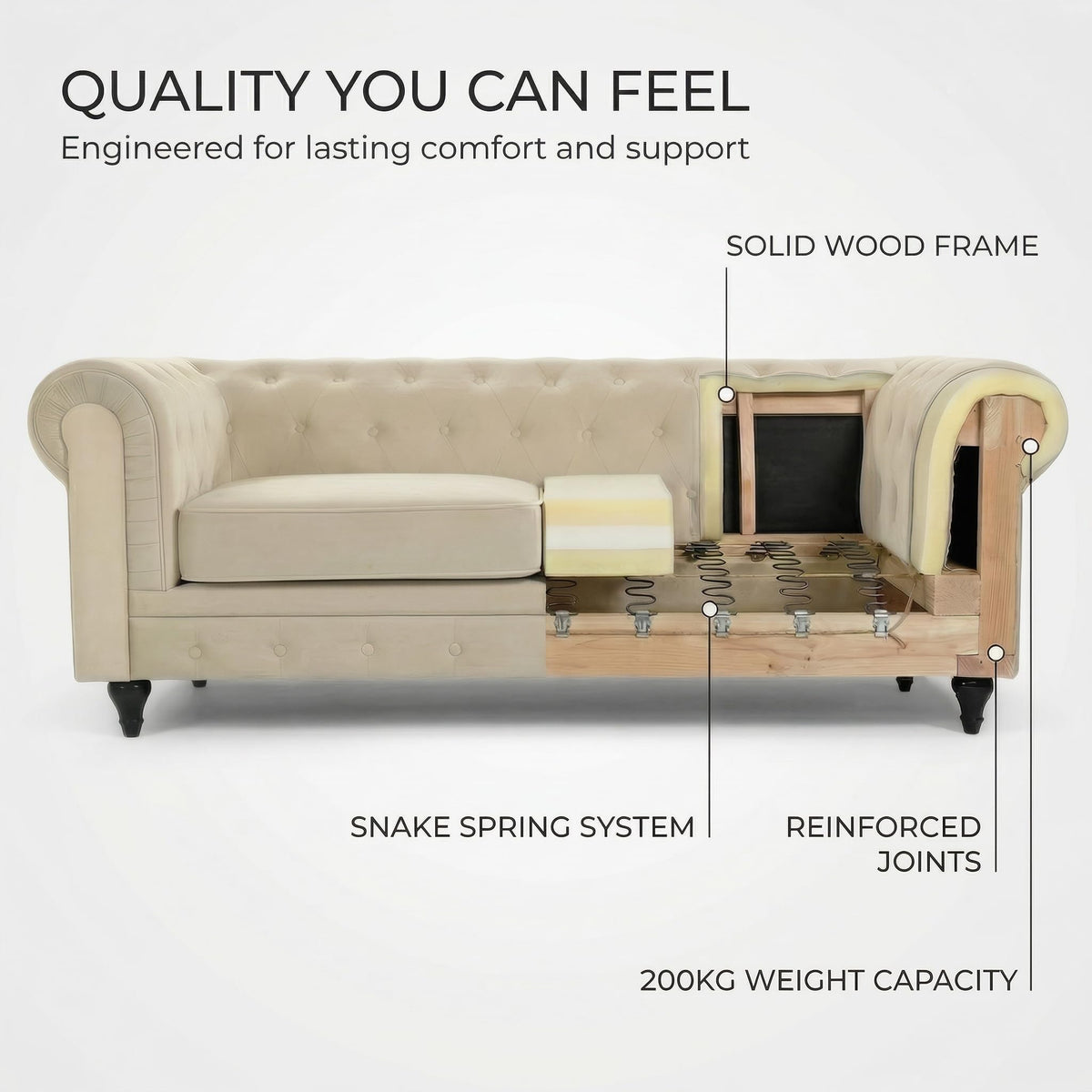 Chesterfield Scroll Arm Velvet Sofa 2 Seater | Beige