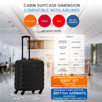 56x45x25cm Large Cabin Carry On Case - Overhead Luggage Suitcase - 4 Spinner Wheels - Abs Shell | 56 x 45 x 25cm | Black