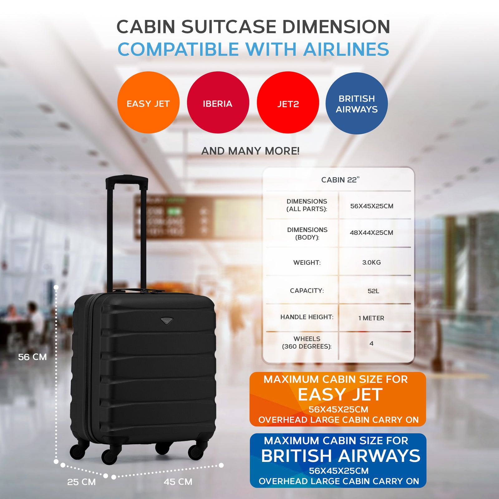 56x45x25cm Large Cabin Carry On Case - Overhead Luggage Suitcase - 4 Spinner Wheels - Abs Shell | 56 x 45 x 25cm | Black