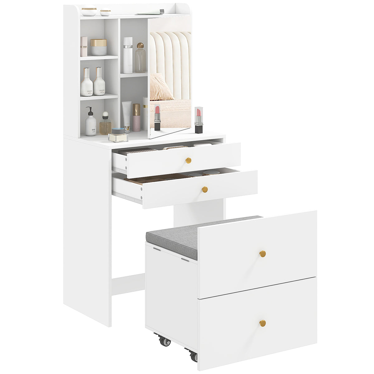 HOMCOM Dressing Table With Mirror And Stool, Makeup Desk With Drawers, White
