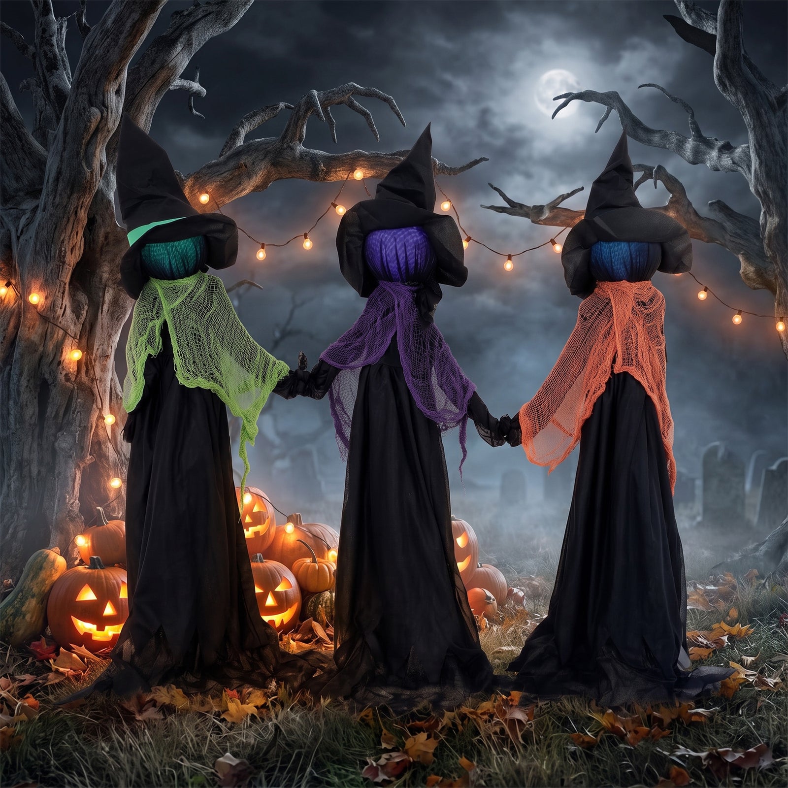 HOMCOM 48" Witches Holding Hands Halloween Decoration Light Up Animated Prop