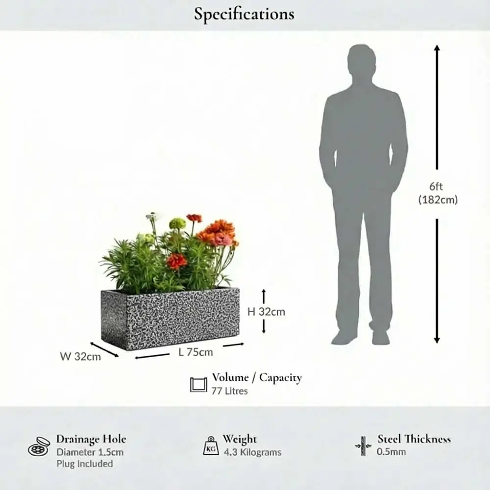 Zinc Galvanised Trough Planter | 75cm x 32cm x 32cm | Silver Black