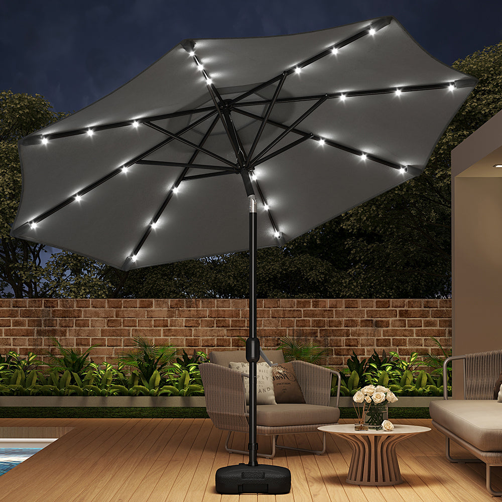 3m Outdoor Patio Parasol – Solar-powered Umbrella With 24 Led Lights, Tilt & Crank Handle, With Fillable Base | One Size | Dark Grey