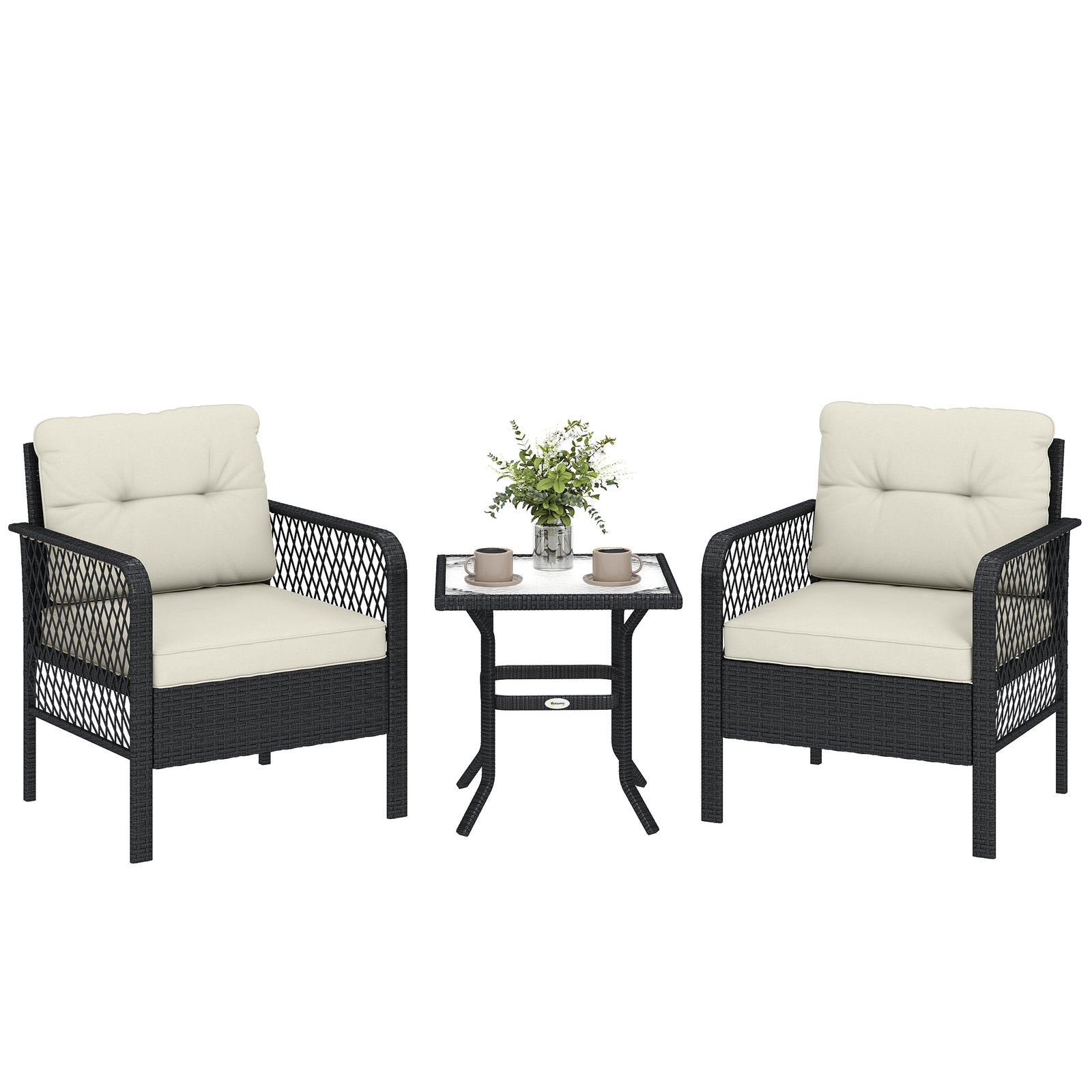 3 Pieces Rattan Bistro Set With Tempered Glass Table | Cream