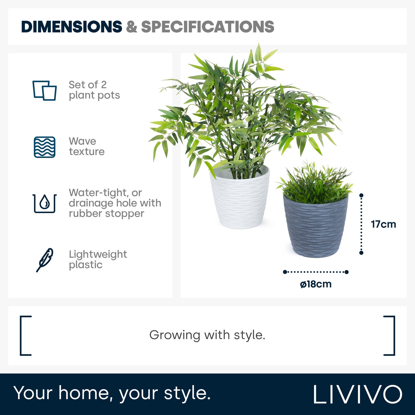 Livivo 18cm Wave Grey & White Plant Pots - Set Of 2