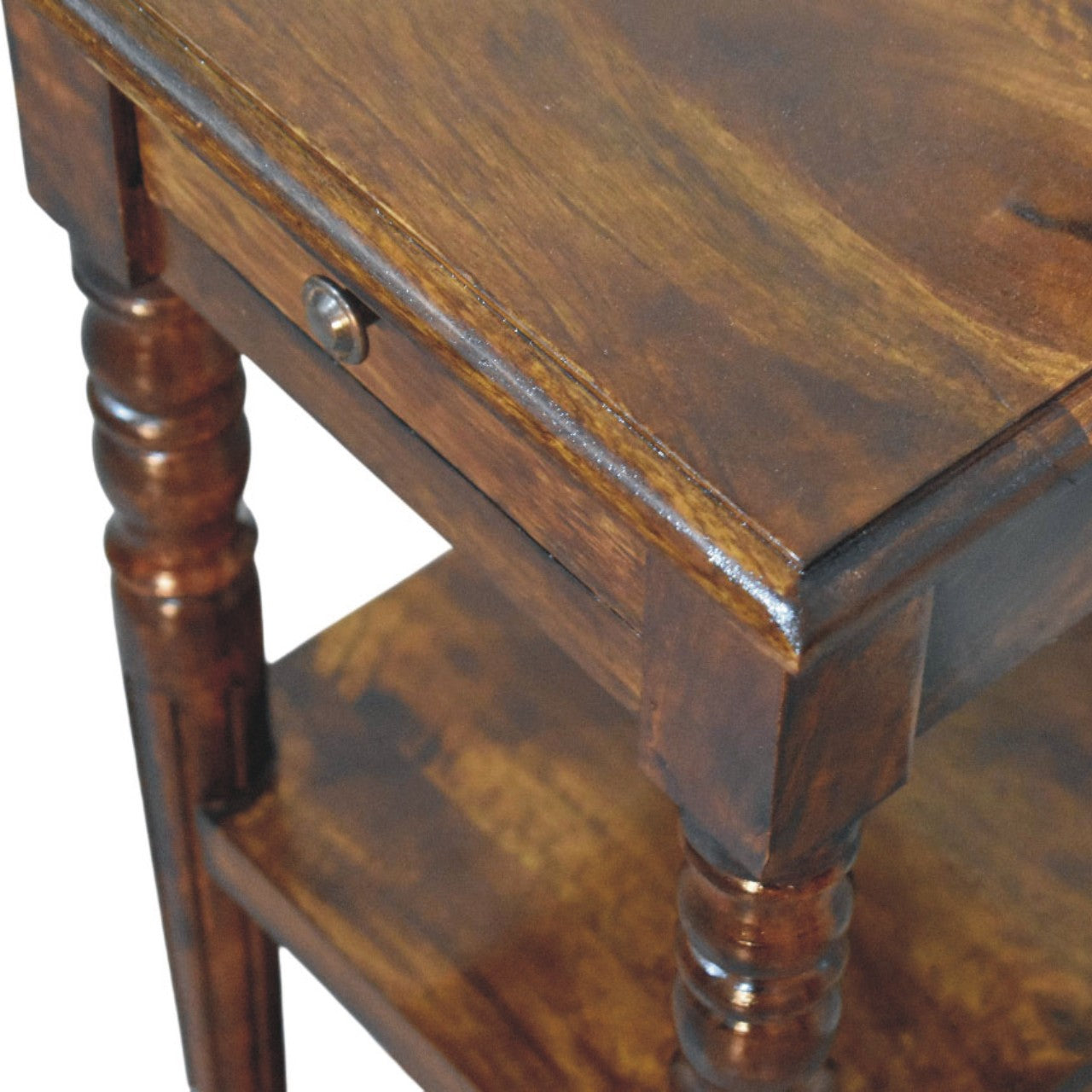 Tall Turned Leg Side Table, 1 Drawer, 2 Open Shelves, Dark Brown | 3 | Brown