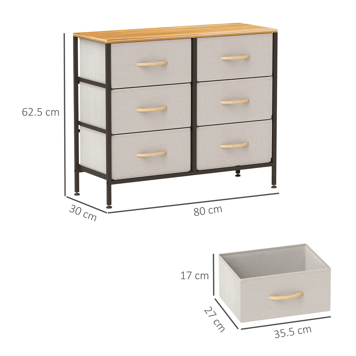 HOMCOM 6 Drawer Fabric Chest Of Drawers W/ Wooden Top For Hallway