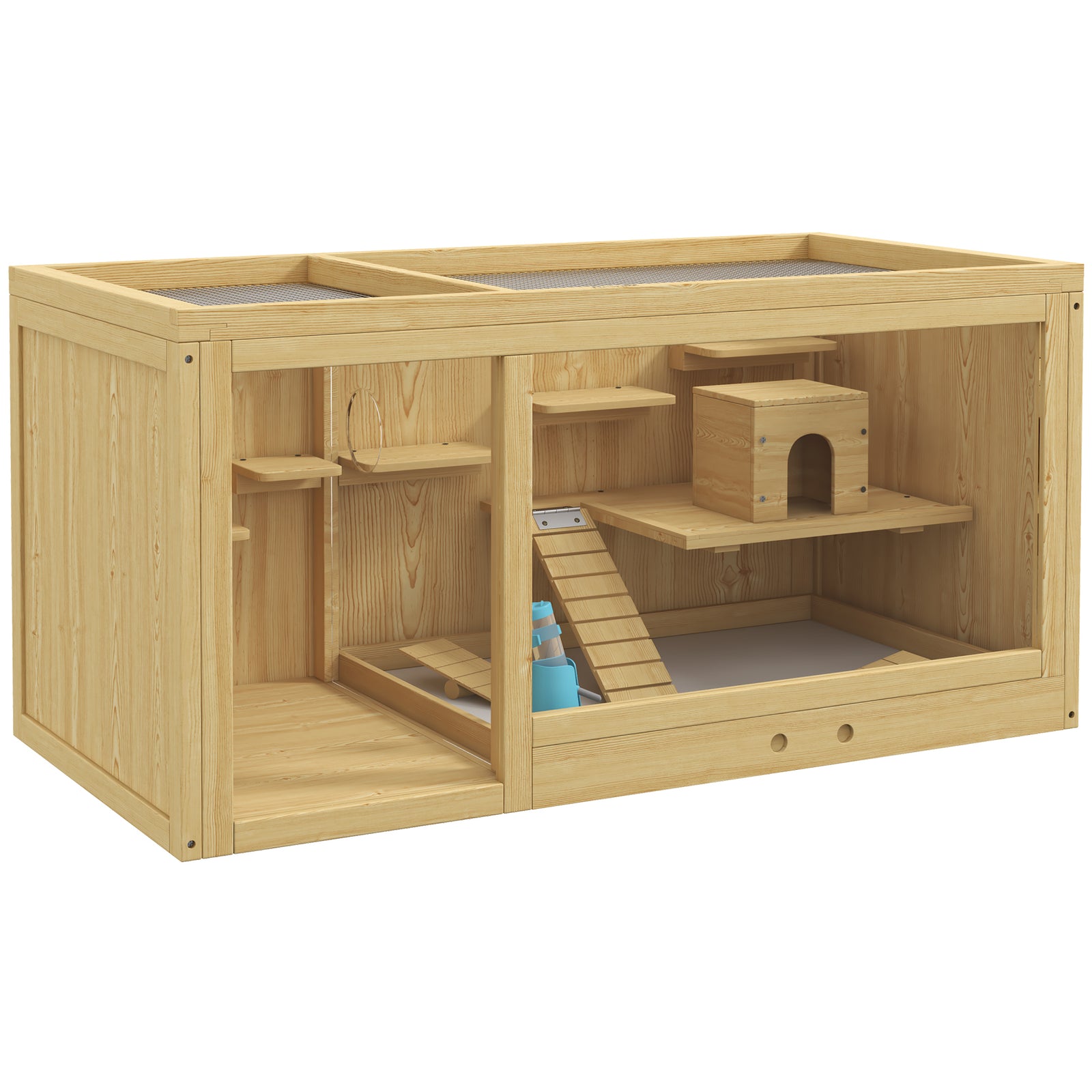 Pawhut Wooden Hamster Cage With Water Bottle, Platforms, Openable Roof