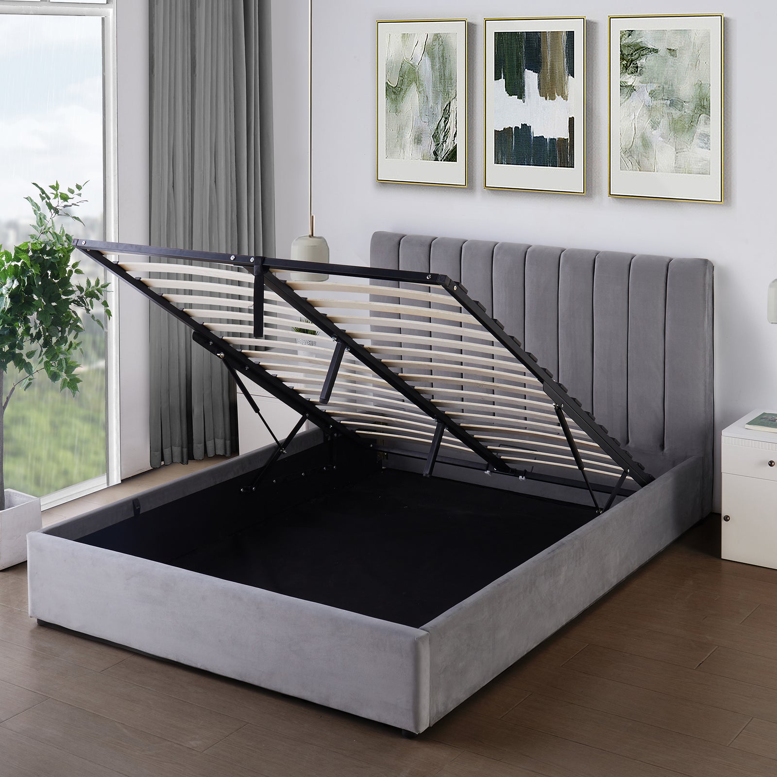 Corwin Grey Velvet Ottoman Storage Bed Frame - 4 Sizes Available | King