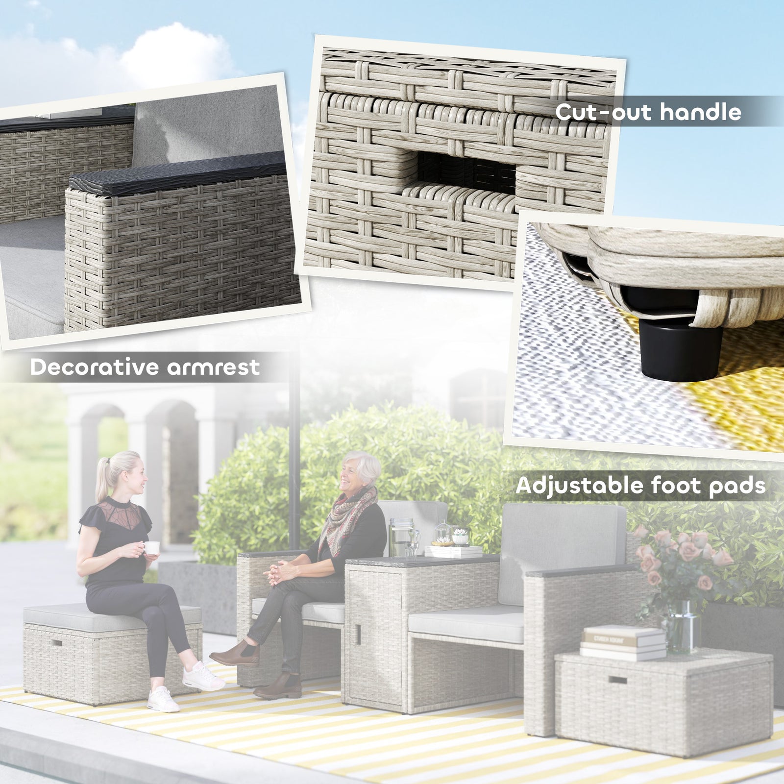 5 Piece Rattan Garden Furniture Set W/ Storage Table, Stools