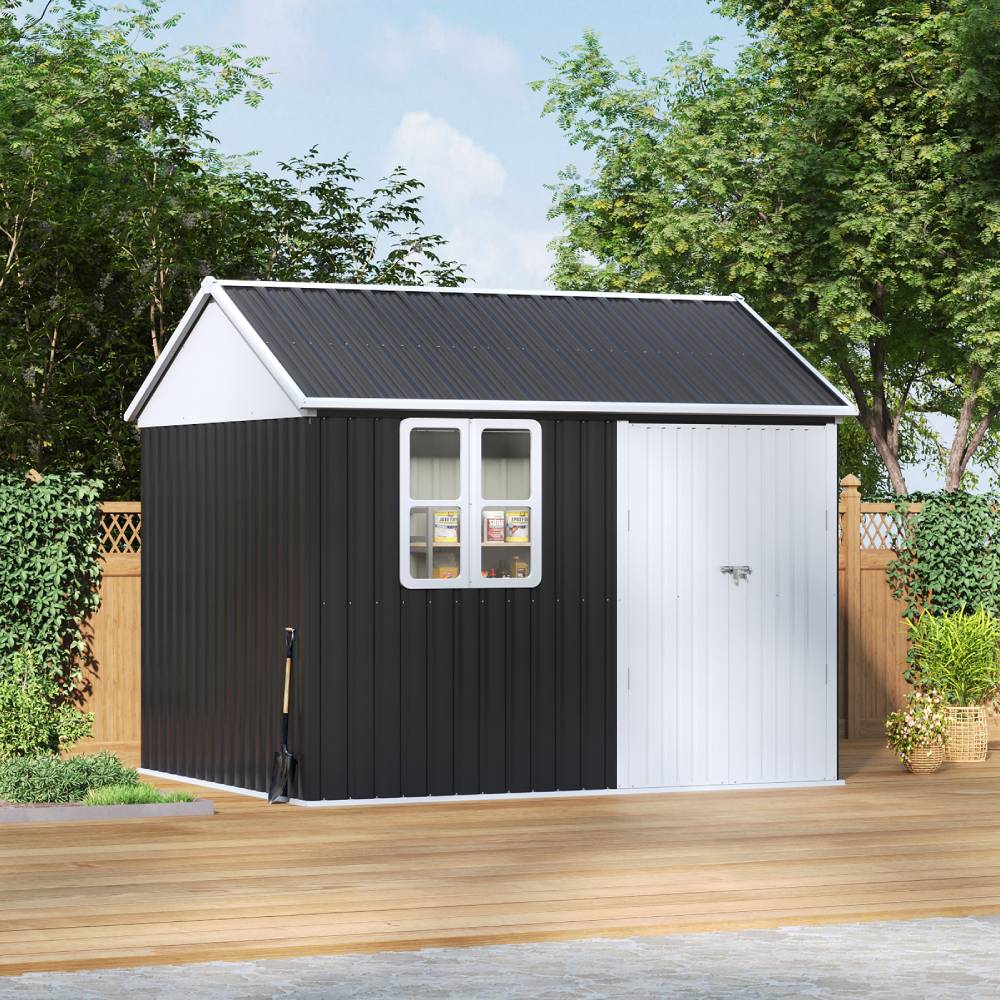 10x8ft Lockable Outdoor Metal Shed With Window – Apex Roof Garden Storage With Double Doors For Tools, Equipment