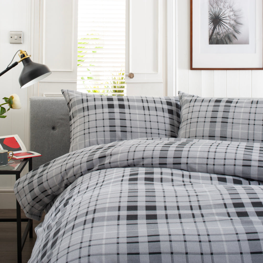 Buchanan Check Printed Brushed 100% Cotton Bedlinen Duvet Set | King | Gray