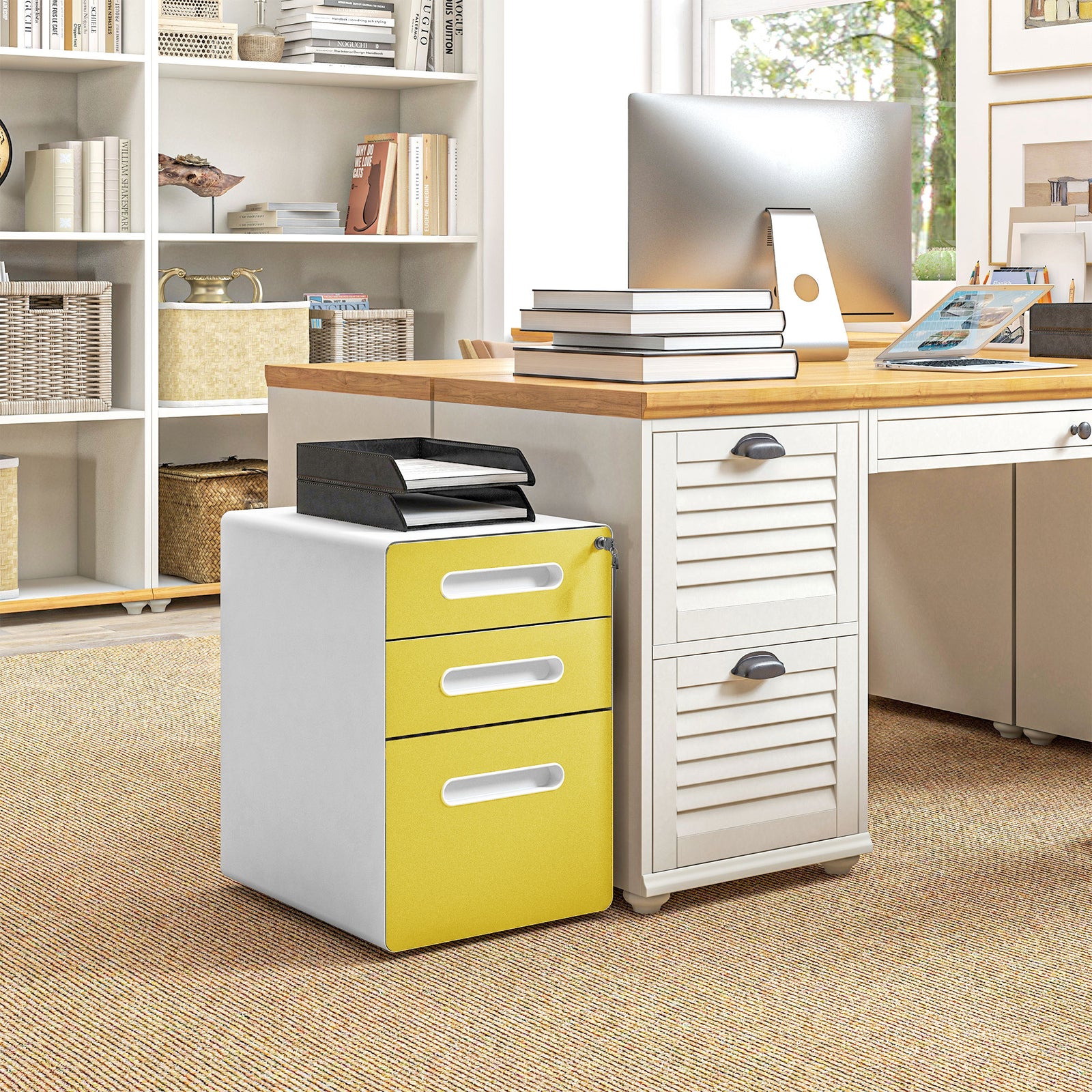 3 Drawer Modern Steel Filing Cabinet With 4 Wheels | One Size | Yellow