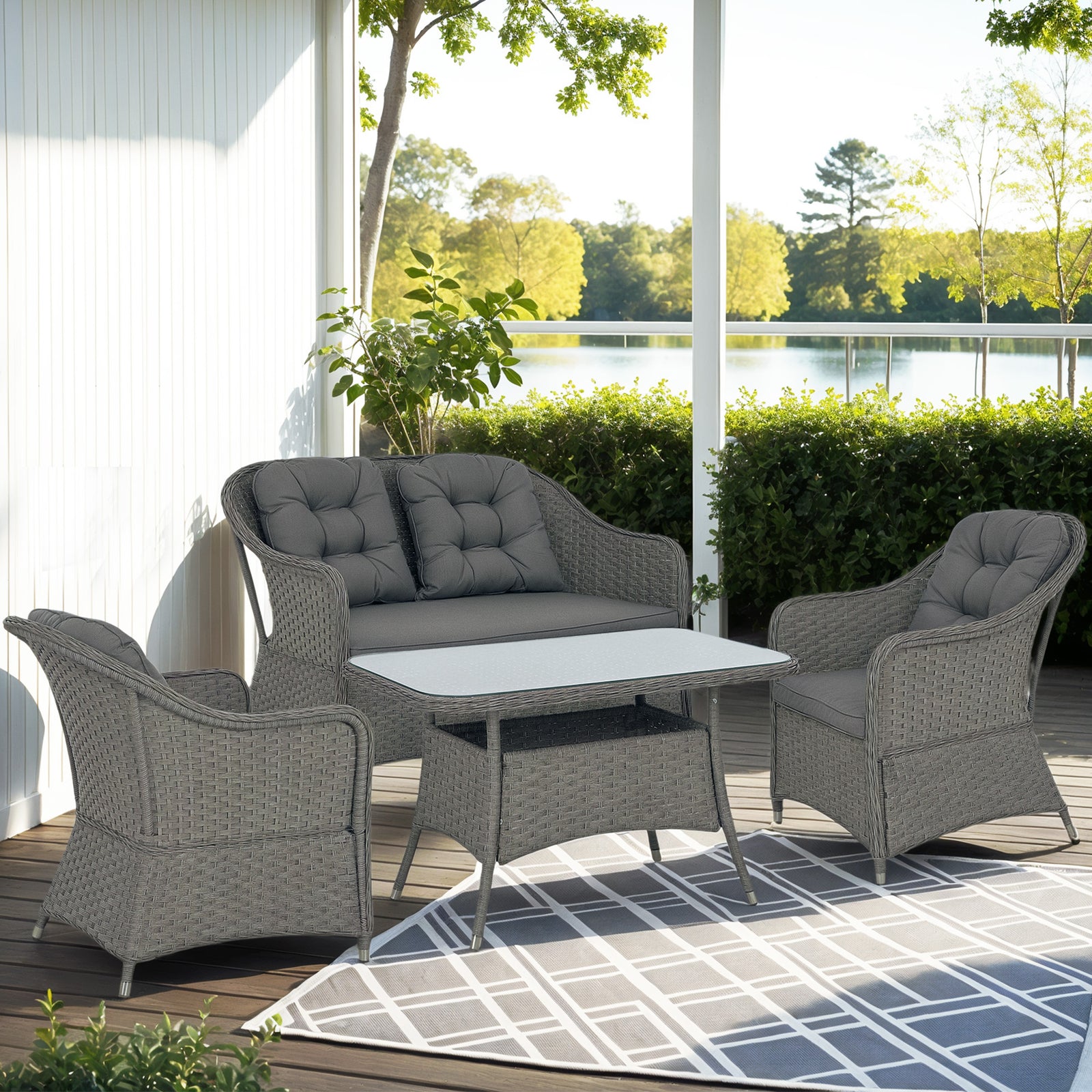 4 Pcs Rattan Garden Furniture, Padded Conversation Sofa Set