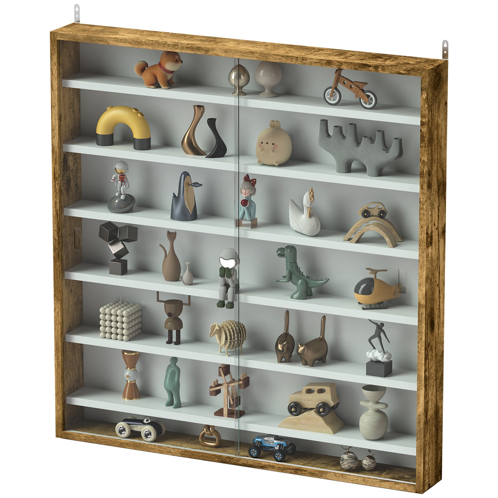 7-tier Wall Display Cabinet W/ Shelves Glass Doors | Brown