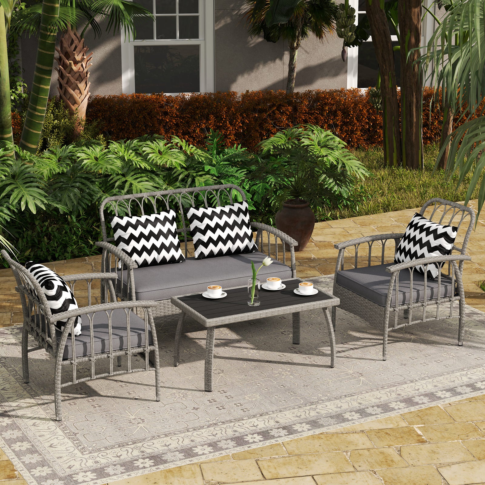 4 Piece Rattan Garden Furniture Set With Adjustable Back