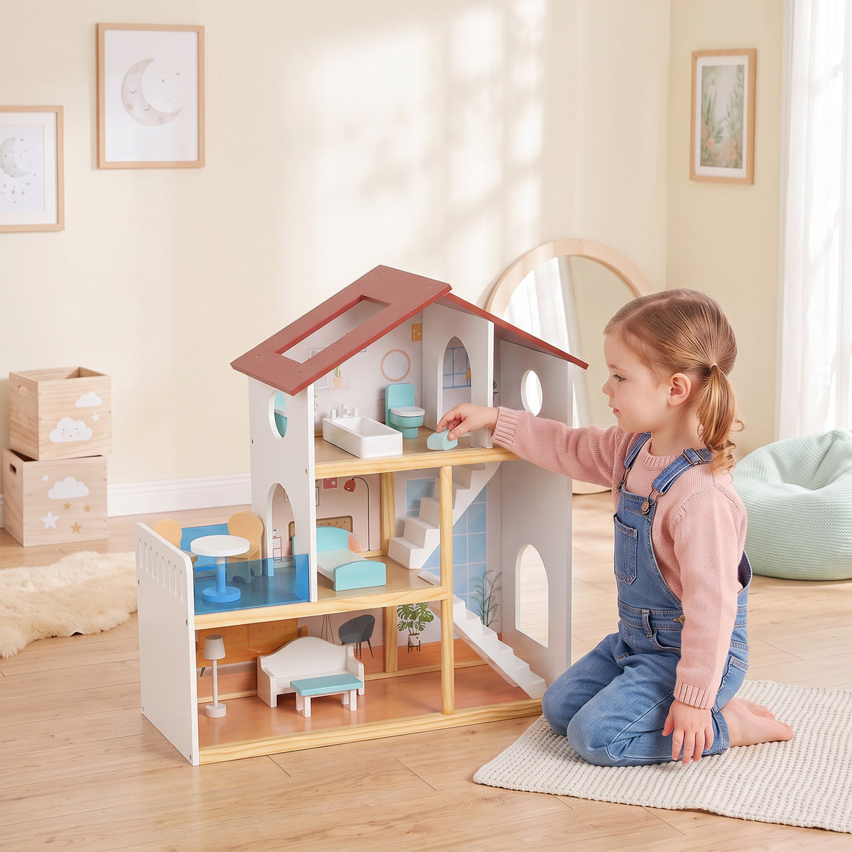 Kids Wooden Dolls House 3 Story With 5 Rooms, 11 Accessories, White