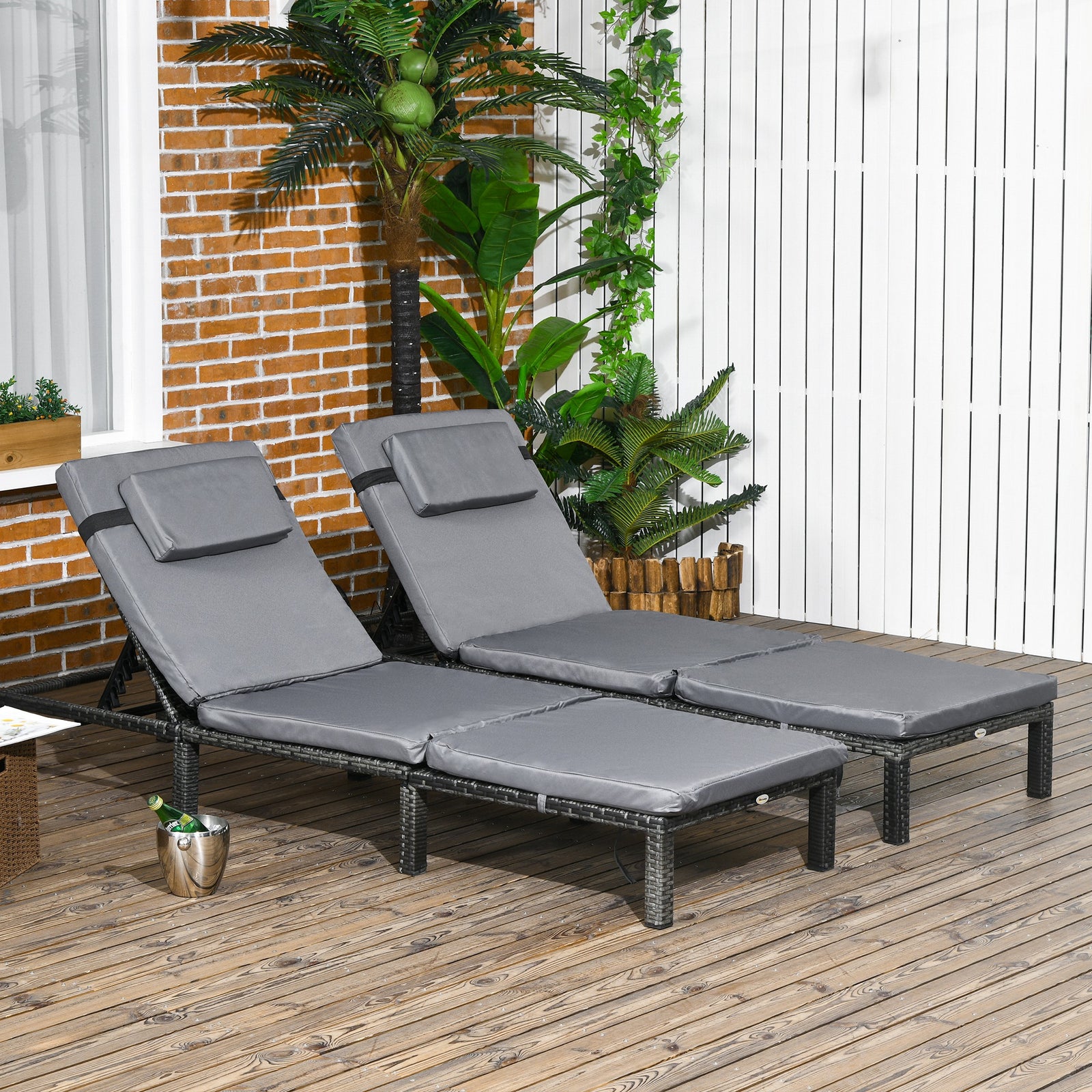 Set Of 2 Rattan Sun Loungers 5-level Adjustable | Dark Gray