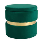 Upholstered Storage Ottoman Foot Rest With Gold Metal Ring 40cm Dia | Green
