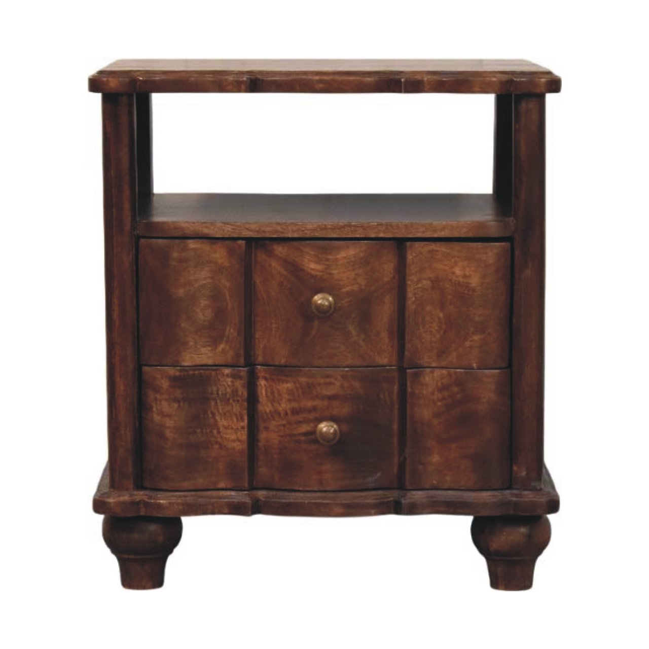 Solid Wood Bedside, 2 Drawers And Open Shelf, Dark Brown