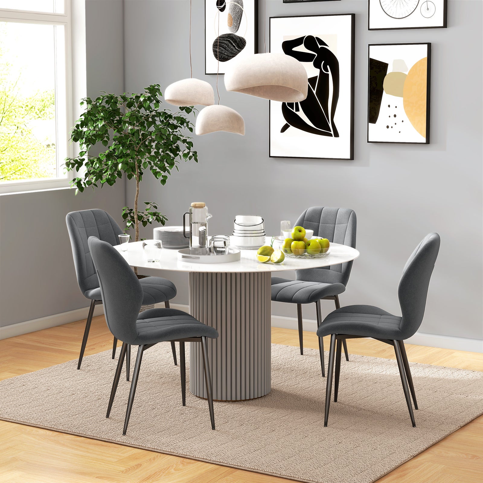 Dining Chairs Set Of 4, Flannel Upholstered Kitchen Chairs | Dark Gray