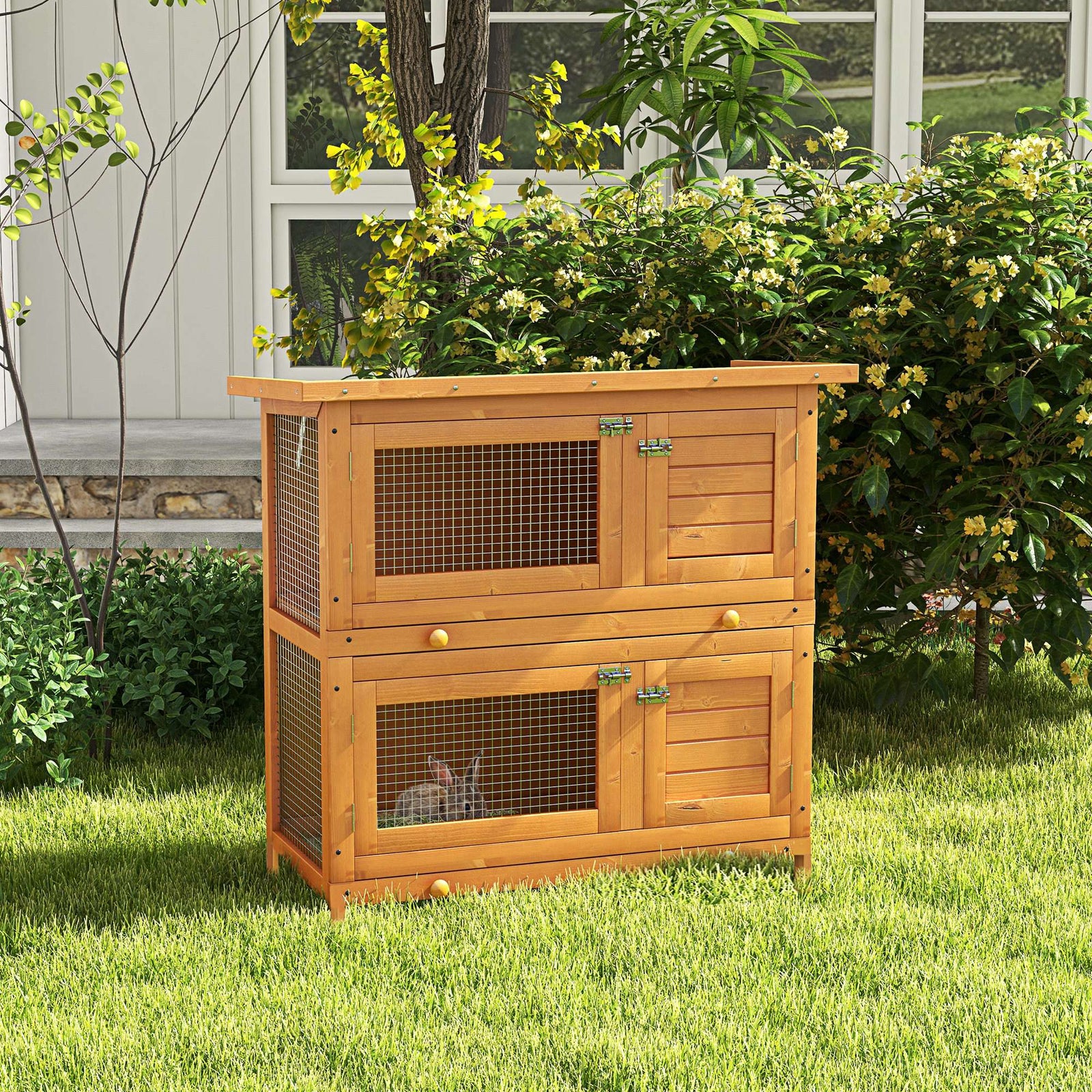 90 X 45 X 90 Cm 2 Tiers Rabbit Hutch Wooden Pet Cage W/ Run Bunny House