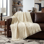 Pure Handmade 100% Wool Heavyweight Waffle Bed & Sofa Throw Blanket, Cream