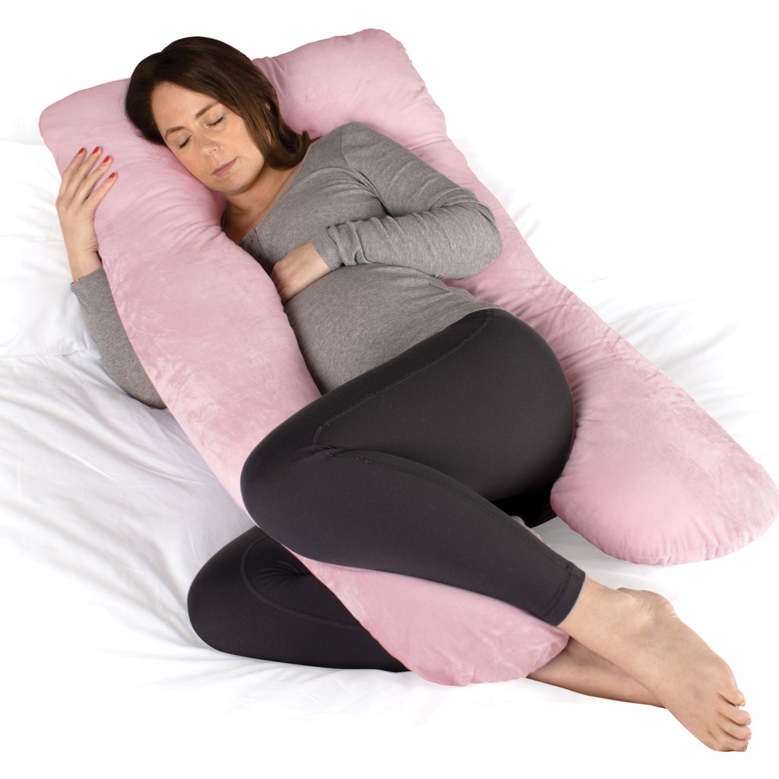 Pregnancy Pillow, U Shaped Shredded Memory Foam Maternity Cushion Machine Washable & Removable Velvet Cover | L | Pink