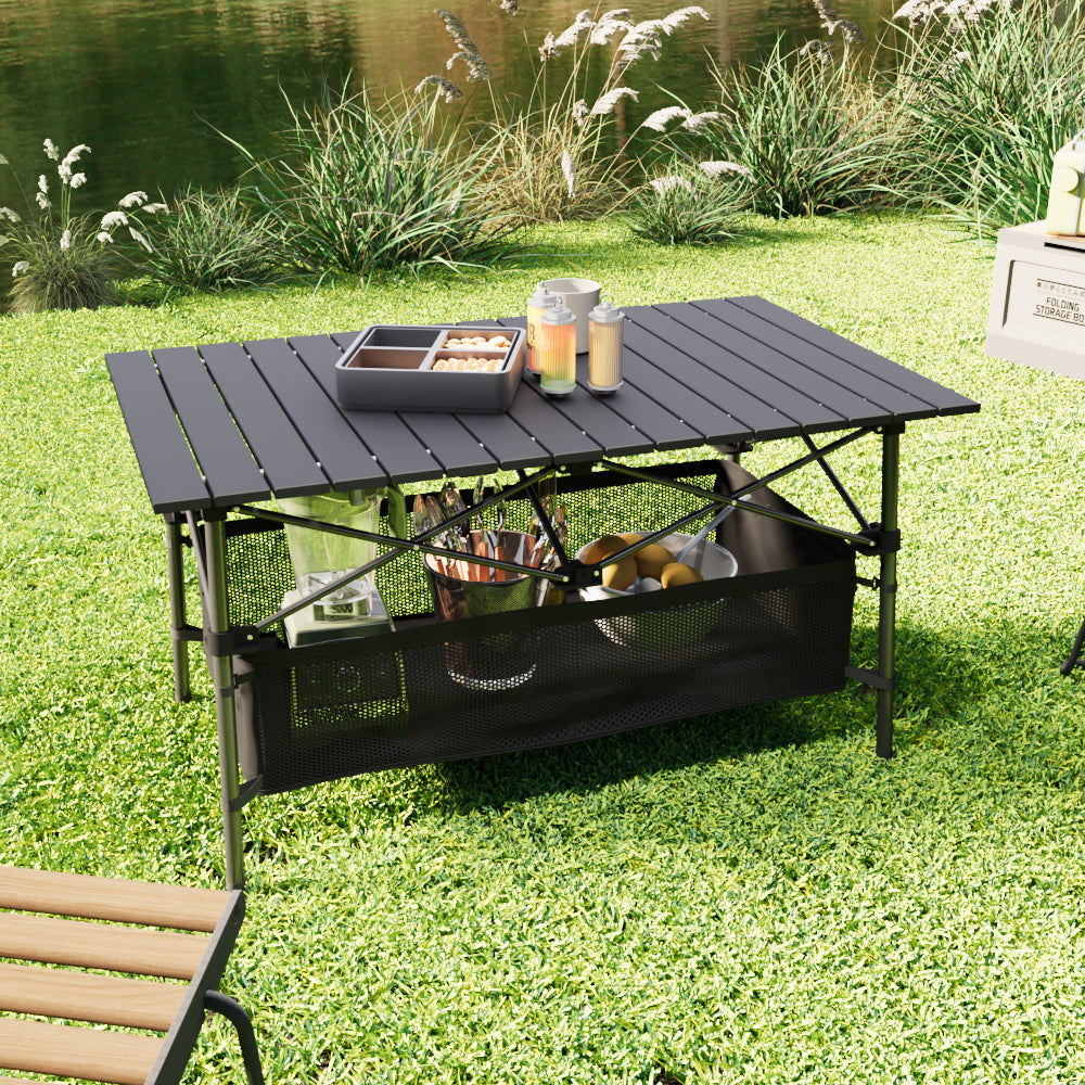 Aluminium Roll-top Foldable Camp Table With Mesh Shelf