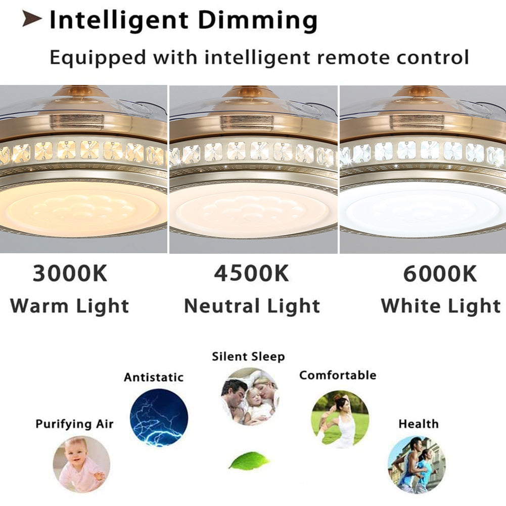 Modern 3 Blade Gold Crystal Ceiling Fan With Dimmable Led Light & Remote Luxury Round Design