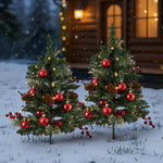 Set Of 2 Led Christmas Trees Artificial Pine With Red Berries, Baubles & Pinecones, 8 Lighting Modes, Timer Function