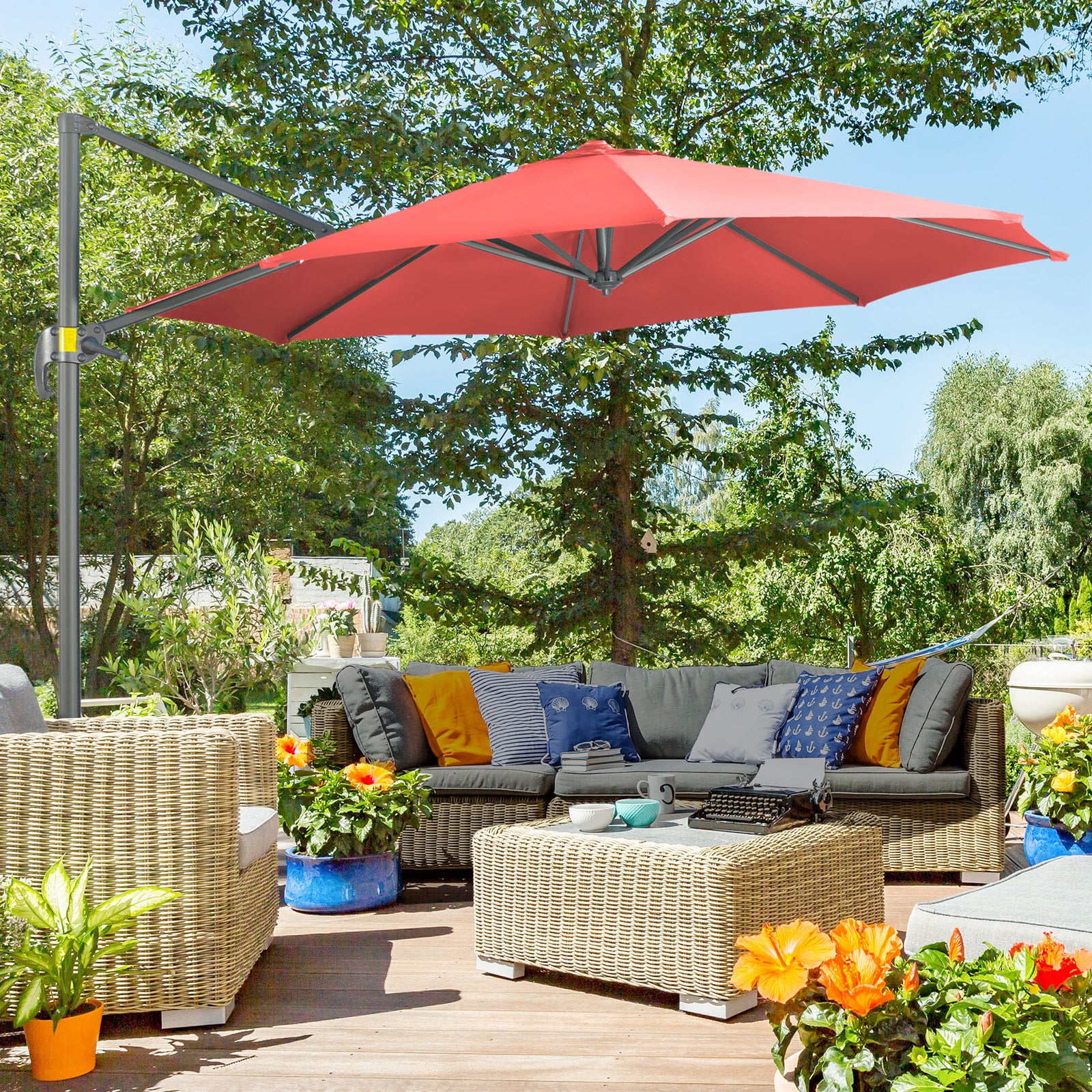 3x3m Cantilever Parasol W/ 360° Crank Handle Tilt | Red