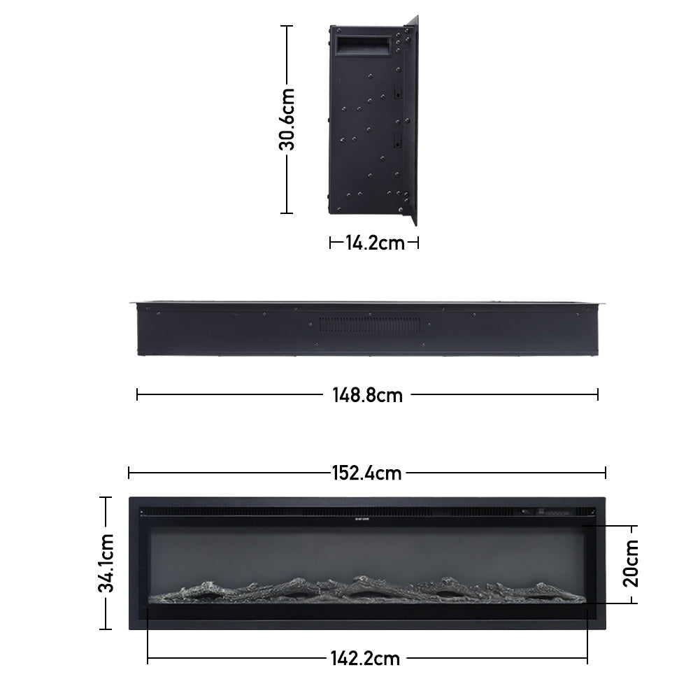 50/60-inch 3-in-1 Electric Fireplace, Wall Mounted / Recessed / Freestanding, Tempered Glass Panel, 12 Flame Colors, 5 Brightness Levels, Timer & Remote Control | Large | Black